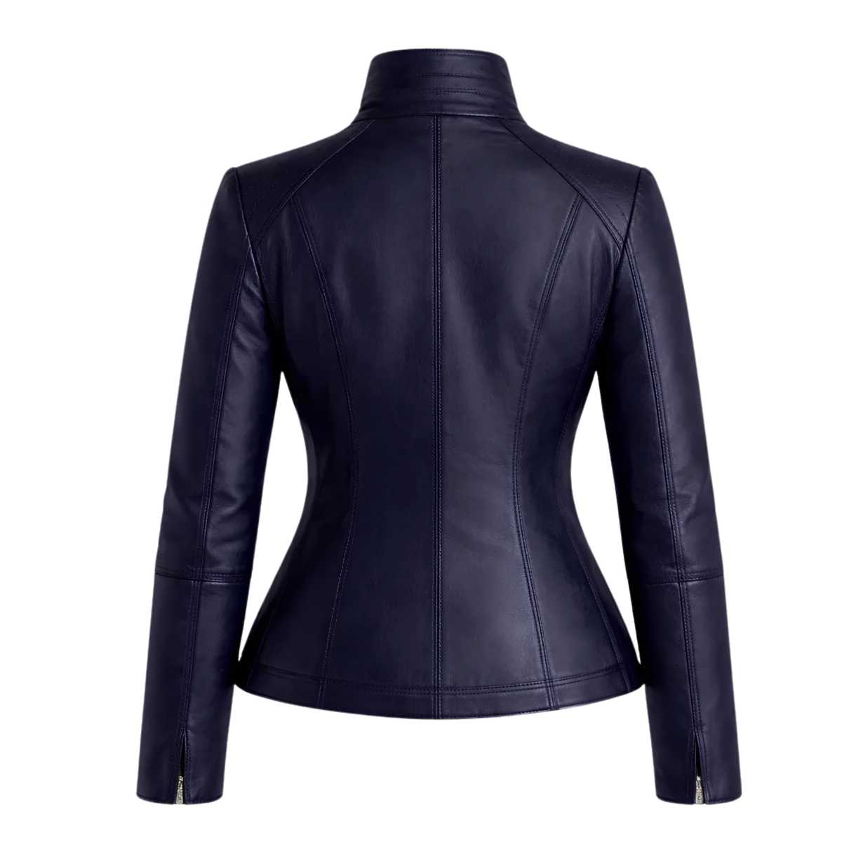 Women's Navy Blue Leather Jacket | Slim Fit Moto Biker Style | Premium Casual Outerwear