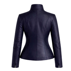 Women's Navy Blue Leather Jacket | Slim Fit Moto Biker Style | Premium Casual Outerwear