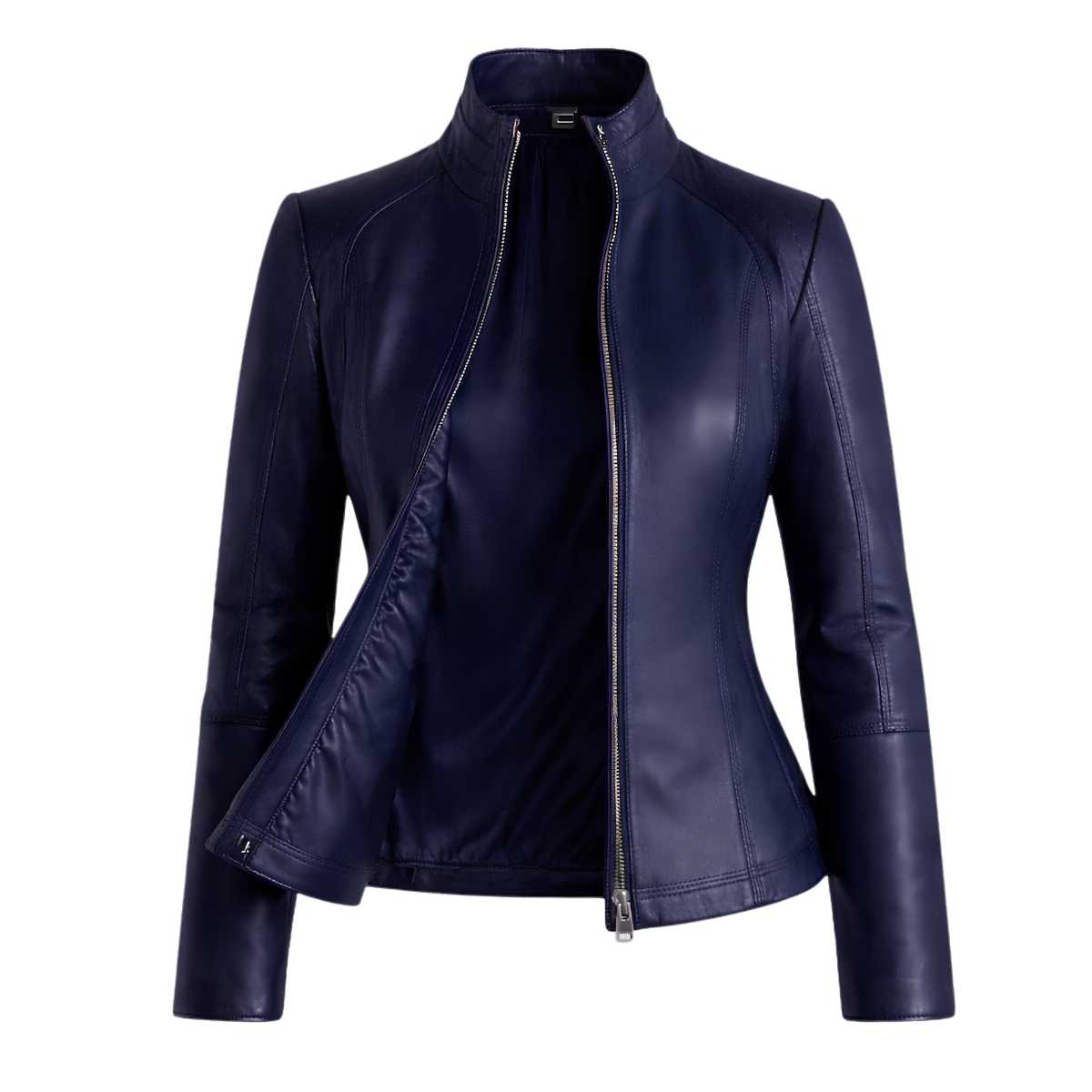 Women's Navy Blue Leather Jacket | Slim Fit Moto Biker Style | Premium Casual Outerwear