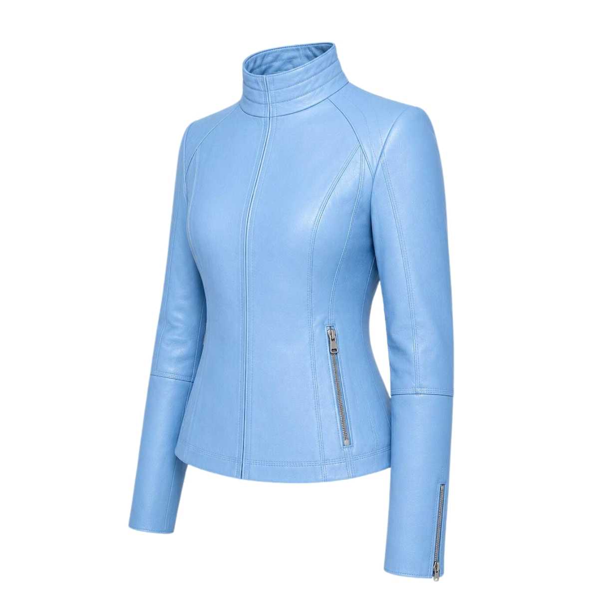 Women's Sky Blue Leather Jacket | Slim Fit Moto Biker Style | Premium Casual Outerwear