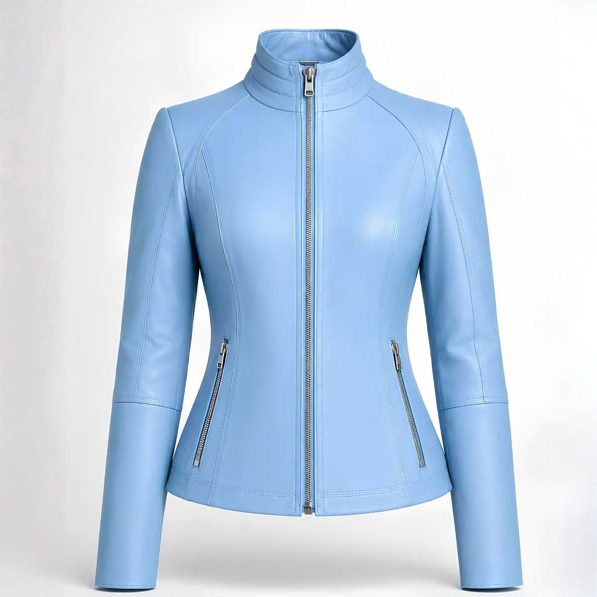 Women's Sky Blue Leather Jacket | Slim Fit Moto Biker Style | Premium Casual Outerwear
