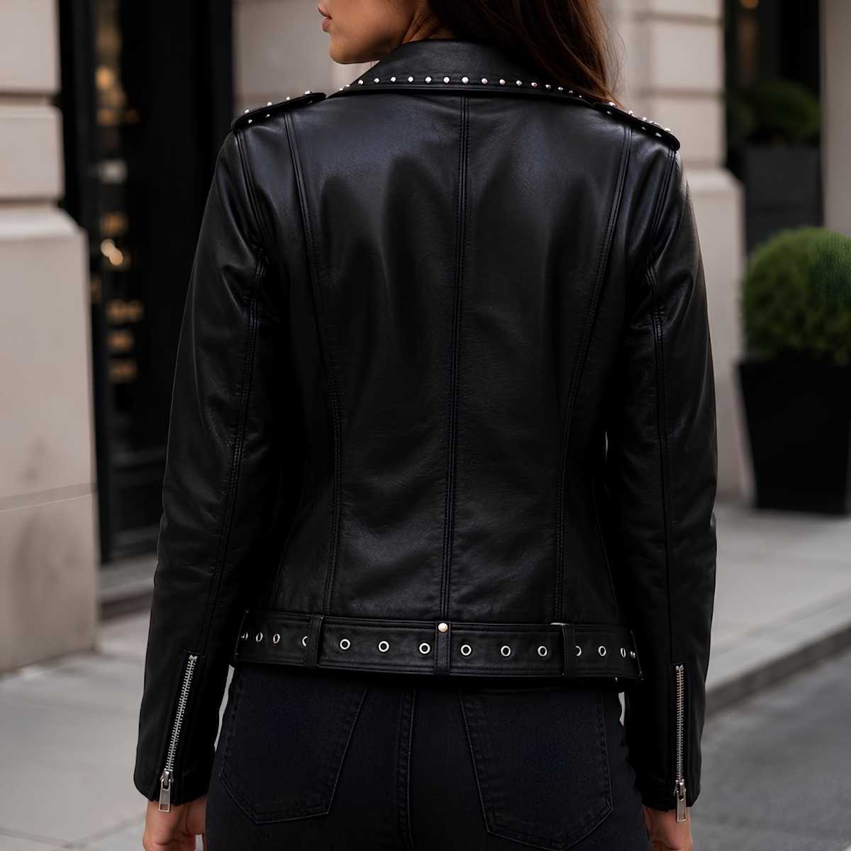 Women's Studded Black Leather Biker Jacket | Vintage Punk Moto Style | Premium Genuine Leather