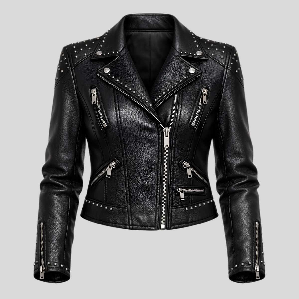 Women's Studded Black Leather Biker Jacket | Vintage Punk Moto Style